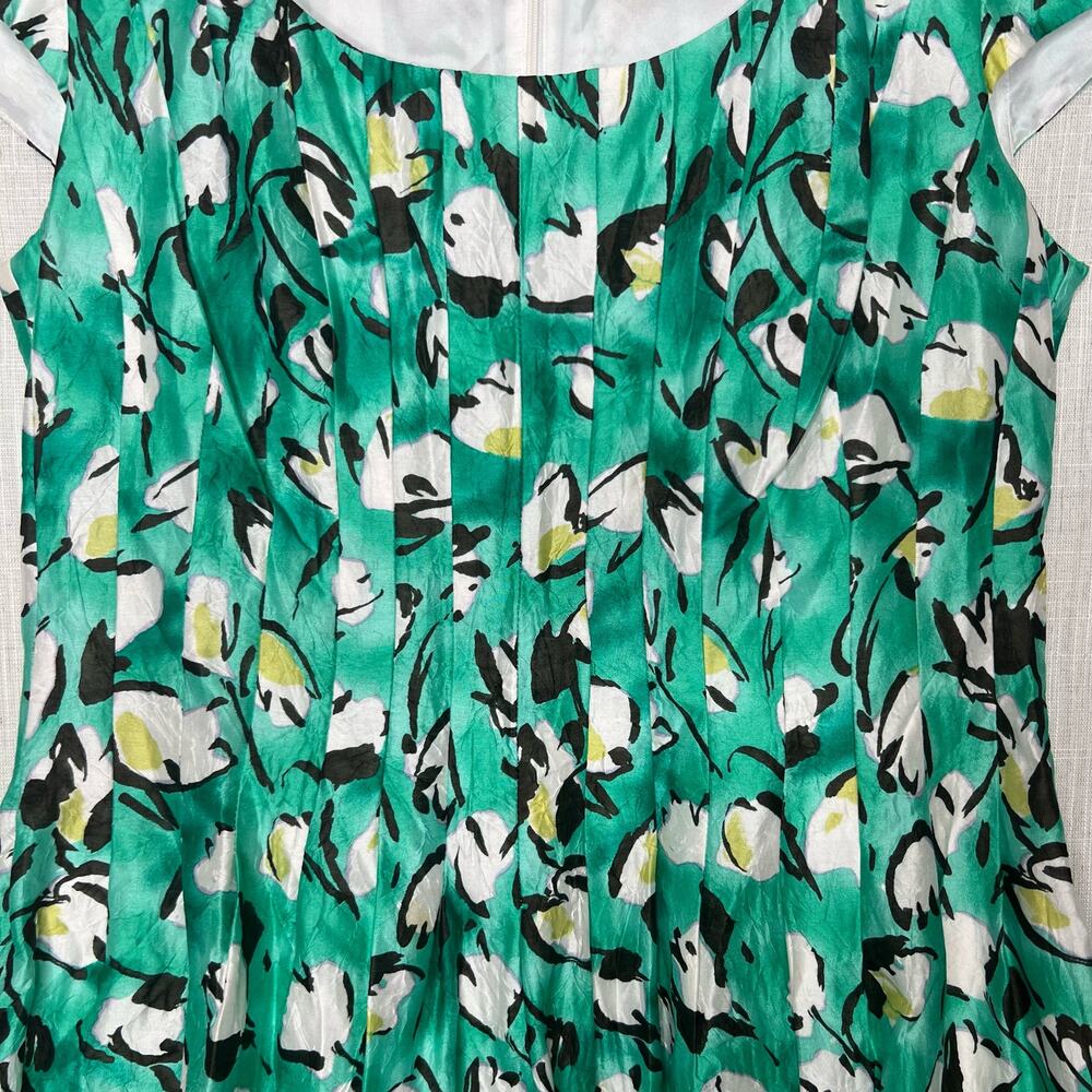 Kay Unger Dress Green Silk Cotton Blend Floral Fit Flare Scoop Neck Size 12 - Picture 7 of 13